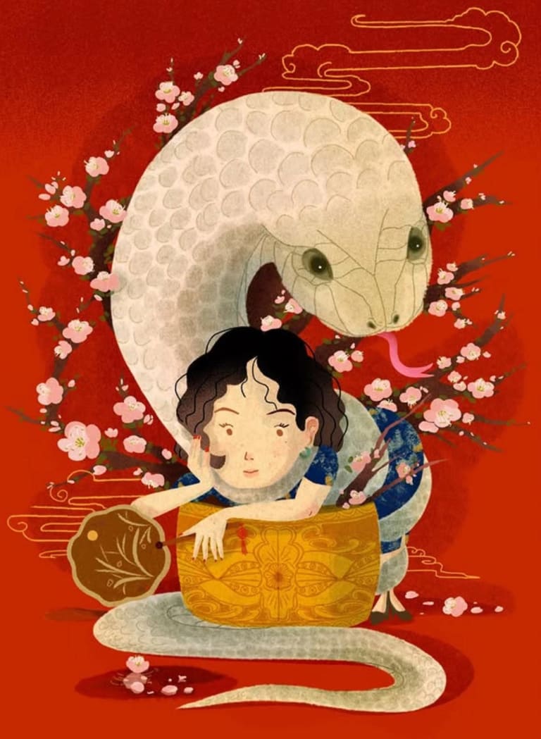 A young girl perches on a snake, cradling a bowl of food, creating an imaginative and playful atmosphere.