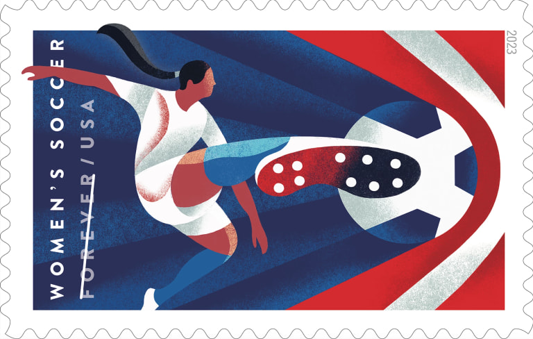 A stamp featuring a dynamic illustration of a woman kicking a soccer ball in mid-air. The woman is wearing a white uniform and has a long black pony tail. The color scheme of the illustration is white, blue and red.