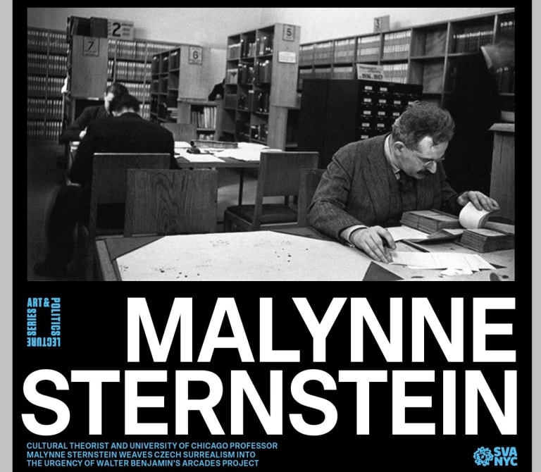 Image of Walter Benjamin huddled over library books, with text below on speaker Malynne Sternstein 