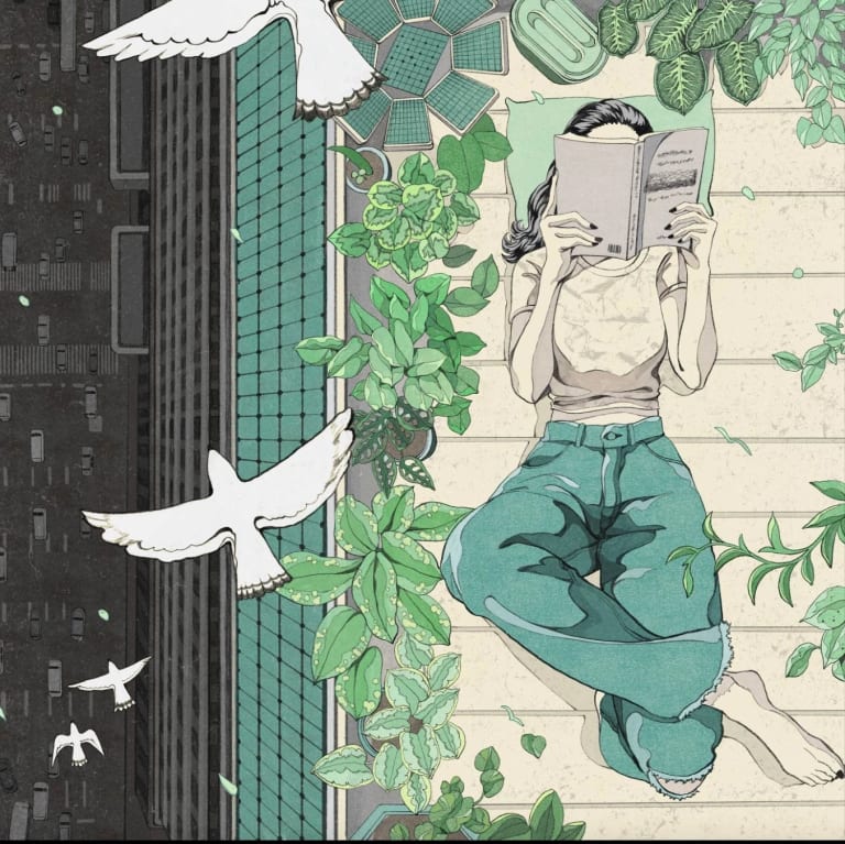 An illustration of a woman with green-ish hues a building reading a book, surrounded by verdant flowers and while birds flying nearby.