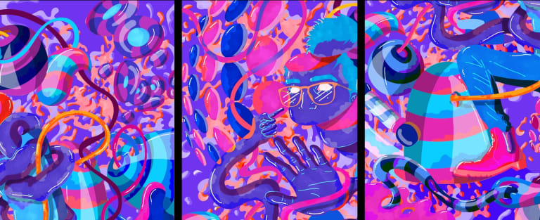 A colorful life tryptch design with a man in glasses pointing at his face with his hand held out.