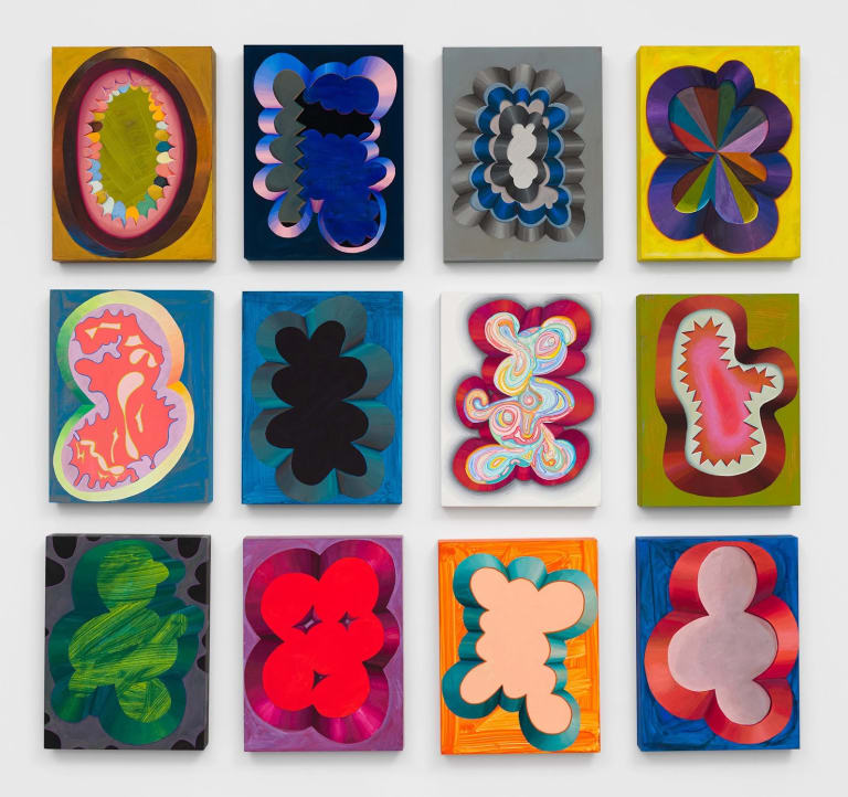 Sixteen abstract painting with bright biomorphic shapes displayed in a four-by-four grid