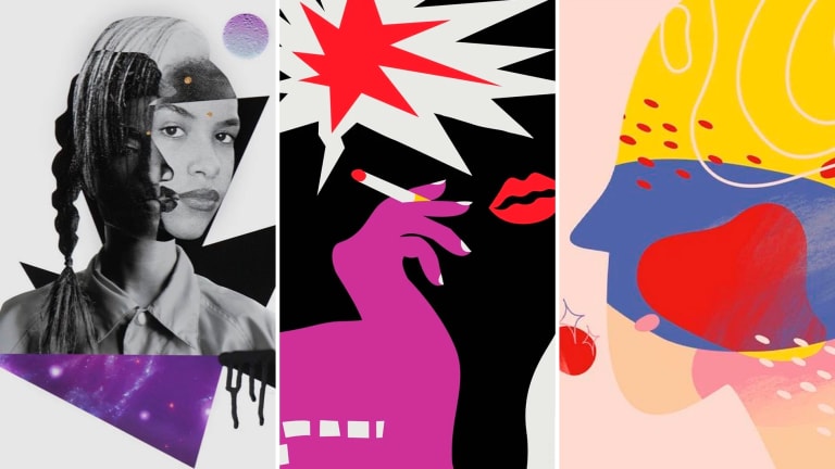 Three images: The first one is a collage of two women's faces, mostly in black and white but with some purple details. The second one is a graphic illustration of a pair of lips on a black blackground smoking a cigarette. The third one is an illustration in pastel tones of the outline of a face filled with organic shapes and colors. 