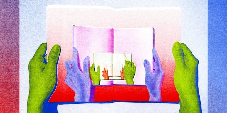 A Riso printed image of a pair of hands holding open a booklet with an image of another pair of hands holding open a booklet. This image continues on infinitely.