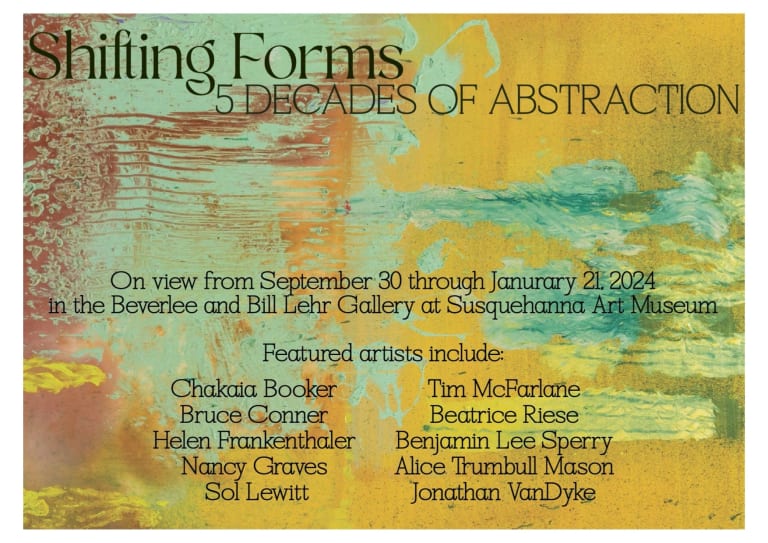 exhibition announcement card with the title, dates, and participating artists’ names presented in thin black font over the image of a completely abstract painting in shades of brown, green, and yellow