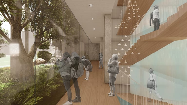 Rendering of a designed space showing grayscale figures looking through windows at trees and greenery, walking up stairs, and exploring the depicted space.
