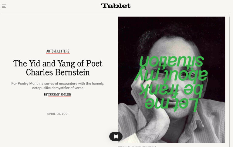 Left side shows the title The Yid and Yang of Poet Charles Bernstein, right side shows a black and white photo of Bernstein with the upside down text "let me be frank about my situatiion" in green font superimposed over his face