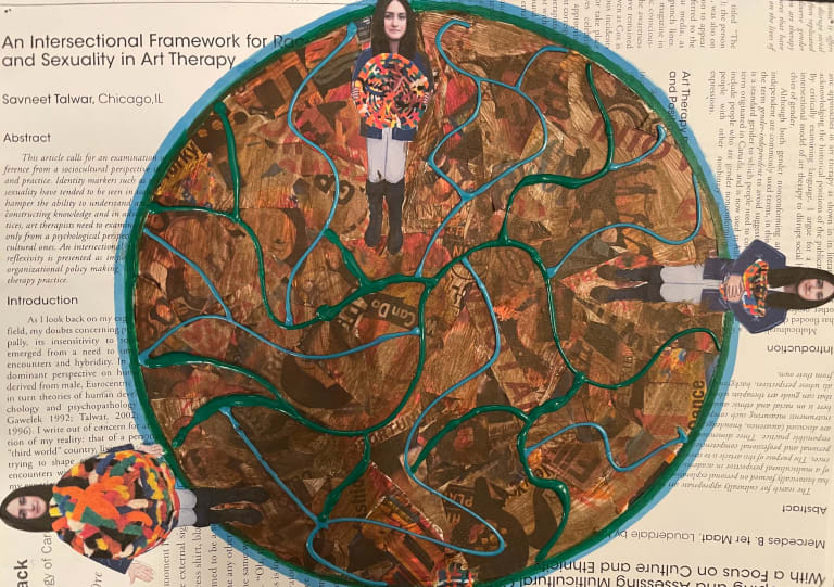 Collage artwork featuring a text background with large circle outlined in blue and green paint. Three cut out figures surround the circle.