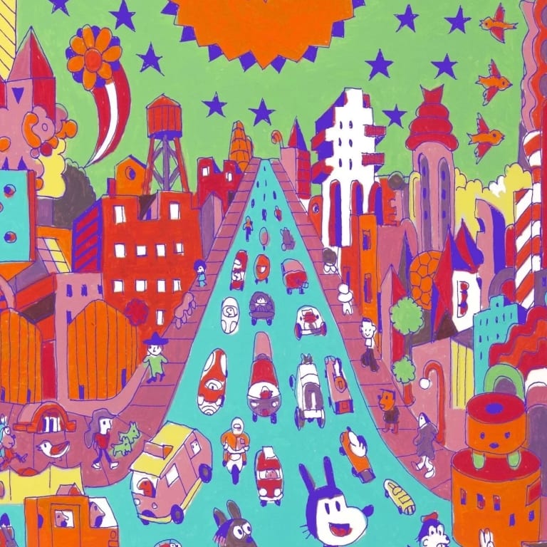 A colorful, kaleidoscopic poster of a bustling metropolis cityscape filled with various cartoon characters.