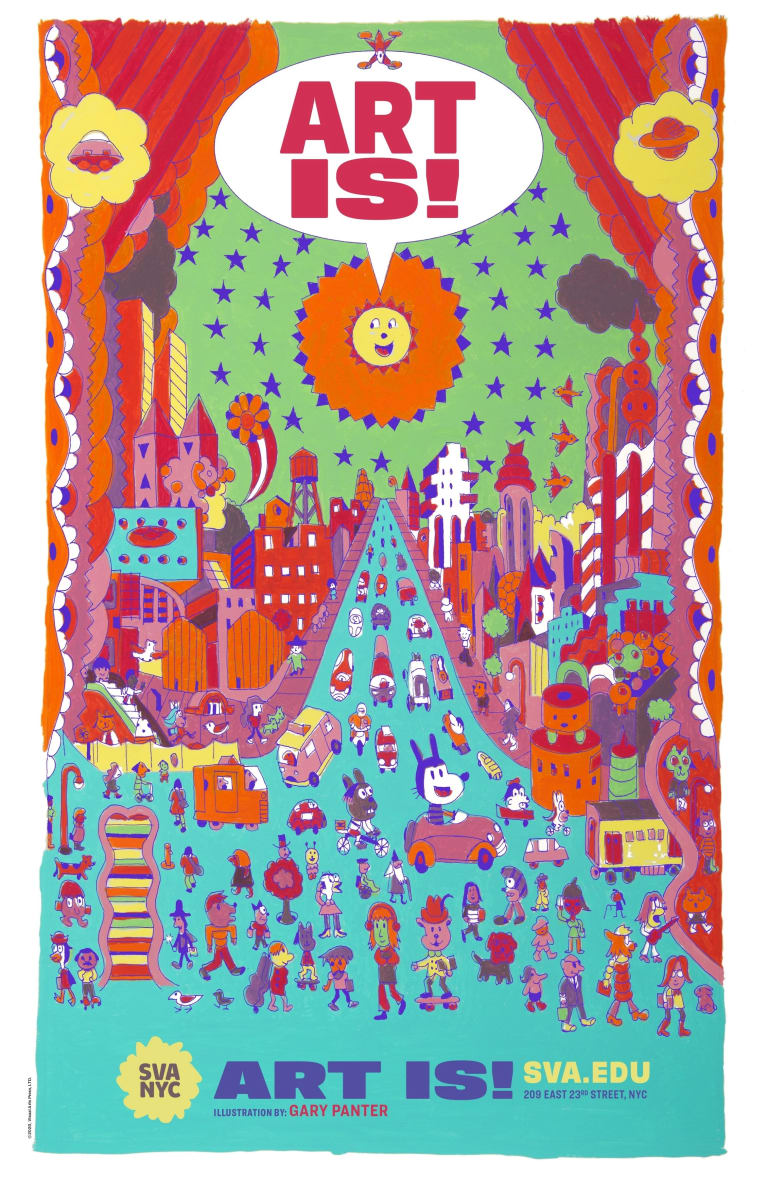 A colorful, kaleidoscopic poster of a bustling metropolis cityscape filled with various cartoon characters.