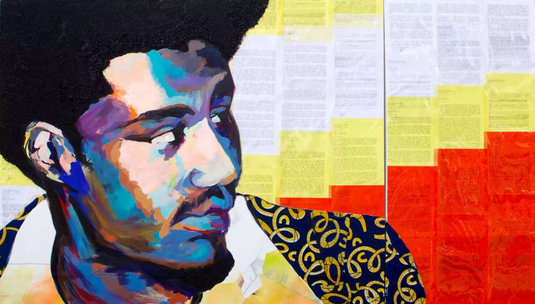 A colorful painted three-quarter porfile portrait of former Black Panther Party and Black Liberation Arm member Jalil Muntaqim, looking to the right; the portrait is painted over a background of red, yellow, and white documents arranged in diagonal blocks