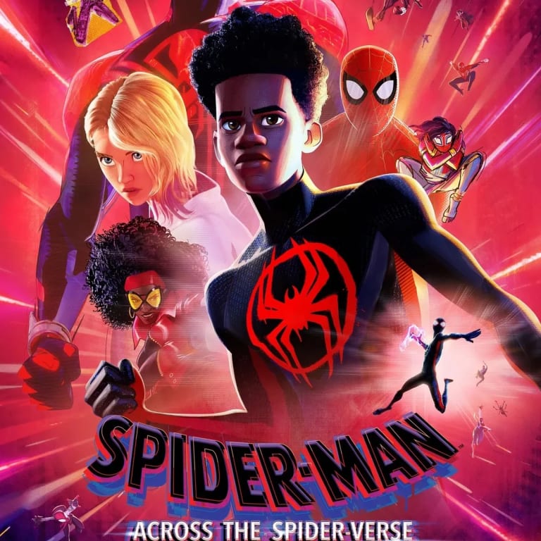 a collection of spider-people on a red flashy poster, the central protagonist, a black teenager in a black and red suit.