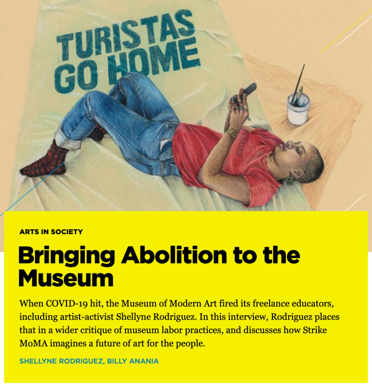 Above, a painting by Shellyne Rodriguez showing a young black woman with close-cropped hair lying on a drop cloth and looking at her cell phone, with the phrase Turistas Go Home stenciled on the tarp; below, the title and description of this interview