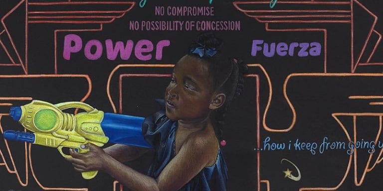 painting of a young black girl pointing a large blue and yellow water gun to the left. Behind her is a black background withabstract  linear designs in orange and the words Power in pink and Fuerza in purple 