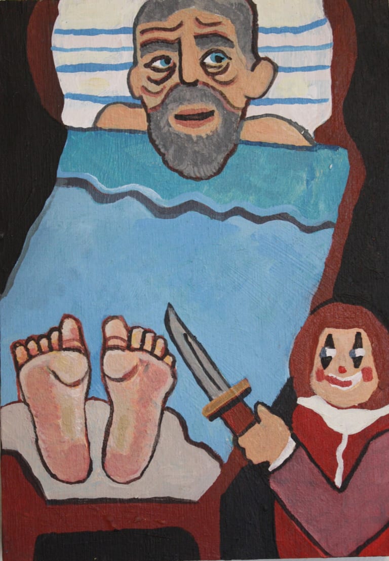 A painting of a gray-bearded man in bed with his head and feet peeking out from under a blue blanket. A clown holding a knife sits at his feet.