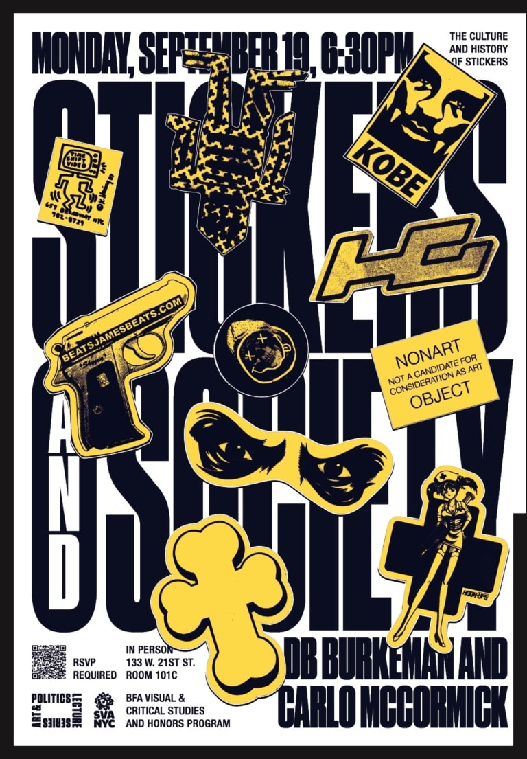 A poster announcing the talk, with the title and event information in black font partially obscured by yellow and black images of various stickers with pop culture images