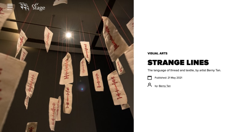 Right: title bliock for essay Strange Lines by Beny Tan; left: installation photo of Tan's piece Talismans for Disentanglement, consisting os suspended vertical cloth banners with stacks of embroidered text in red thread