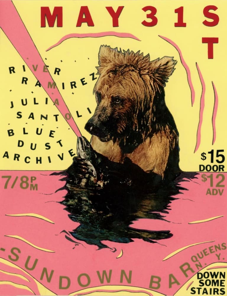 A yellow poster featuring information about the live show at Sundown Bar arranged around a central image of a brown bear sitting in pink water and shooting a pink beam of light from its paws