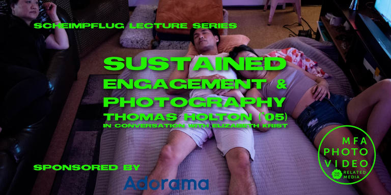 Neon green text advertising lecture, over color digital photograph of an Asian man and his teenage daughter laying on a bed in the living, with an Asian mom laying on a couch to the left watching TV.