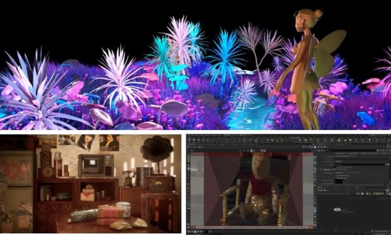 Three images of 3D animation renderings. 