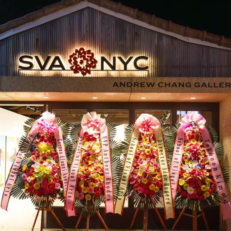 A side by side image. Left: An evening shot of the SVA NYC Andrew Chang Gallery with decorative flowers