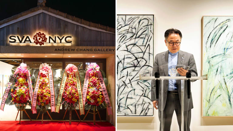 A side by side image. Left: An evening shot of the SVA NYC Andrew Chang Gallery with decorative flowers