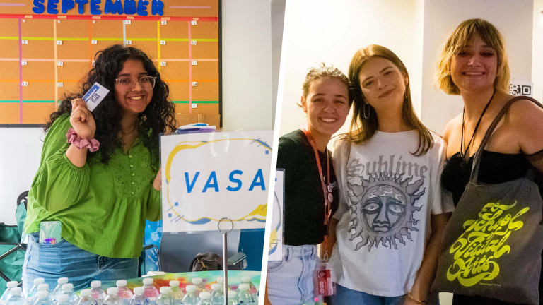 a collage image of two groups of women posing and smiling at the camera; the image on the left featuring a small banner image that reads "VASA," which stands for the Visual Arts Student Association.