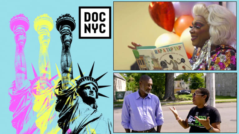 DOC NYC logo in blue next to two images. On top: A drag queen, with a smile on her face, reading a children's book titled " Rap a Tap Tap". Below: A man and a woman having a conversation on the street.