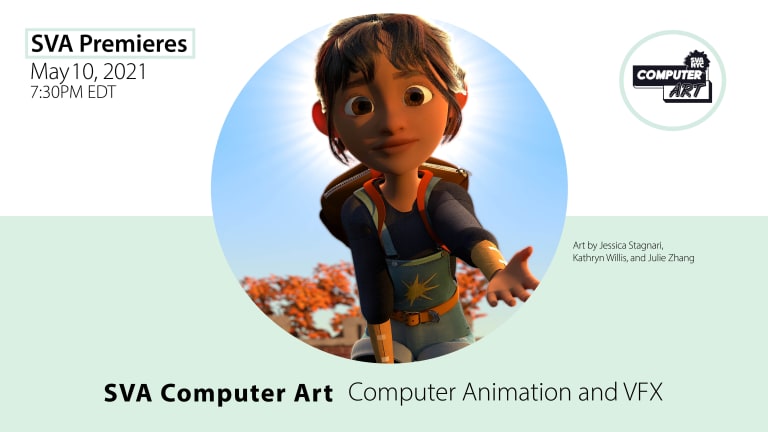 Promotional image for SVA BFA Computer Art's 2021 thesis screening. It includes event details, the program's logo and an image in the middle of a 3D-animated person reaching out a hand toward the viewer.