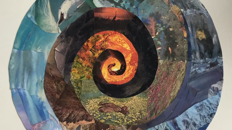 Here is a collage of landscape photos cut and pasted into the shape of a spiral.