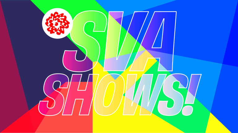 A rainbow geometric design with the semi-transparent purple text "SVA SHOWS" overlayed on top. The SVA logo is in the upper left corner.