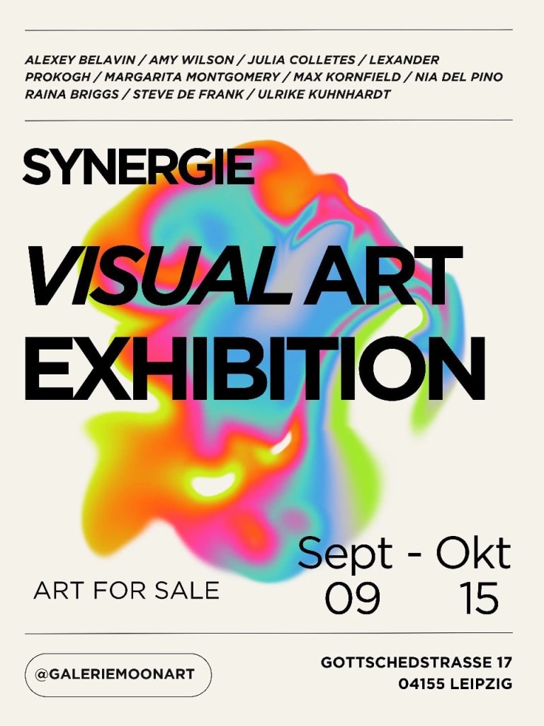 Exhibition invitation featuring the title Syndergie Visual Art Exhibition over a cloud-like shape made of swirls of lime green, light blue, and orange on an off-white background. The participating artists’ names are at the top of the invitation in black text, and the dates and venue information are at the bottom.