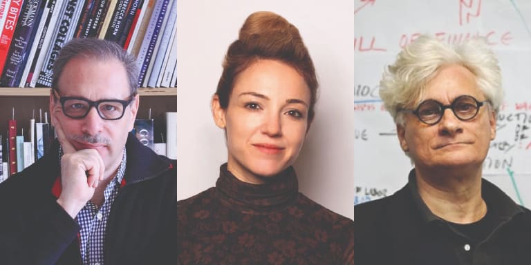 Three portrait photos of people from left to right: an older white man with gray hair and glasses, a young white woman, and an old white man with white hair and glasses