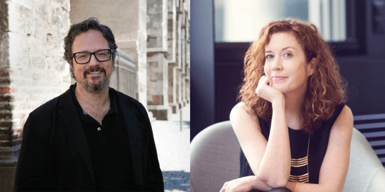 Two photos from left to right: a man with black glasses and facial hair and a woman with long curly red hair resting her face on her chinRafael Lozano-Hemmer and Kathleen Forde