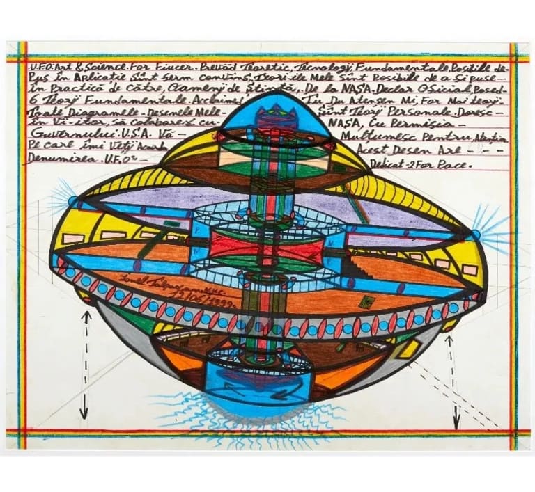 A multicolored drawing of a cutaway view of a UFO, with descriptive text handwritten at the top of the panel