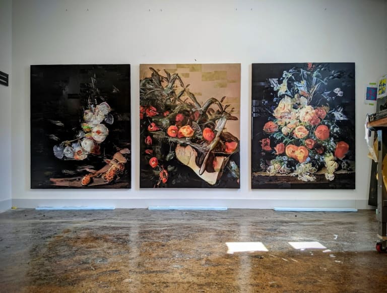 A wall in artist Tiffany Calvert’s studio with three side-by-side Dutch Baroque still life recreations that are slightly imperfect looking, each 50 by 39.5 inches.