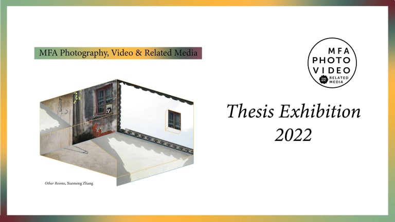 White banner flyer advertising the 2022 Thesis Exhibition featuring an angular photograph made by Xuemeng Zhang on the left side of the flyer.