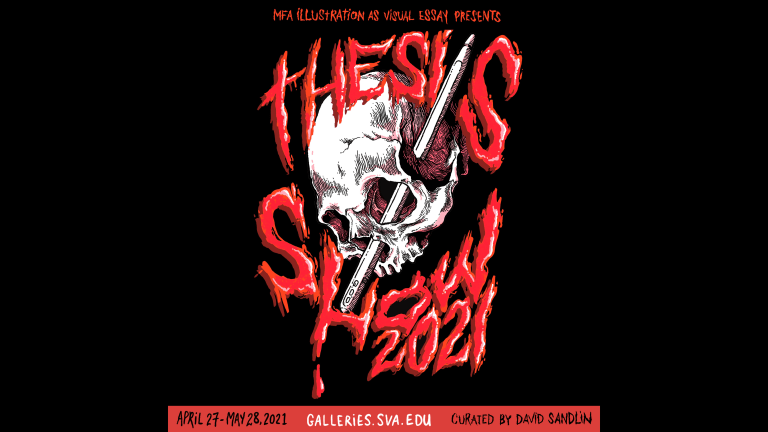 A skull with a stylus going through the nostril and out of the side is surrounded by the text "Thesis Show 2021" in dripping red font.