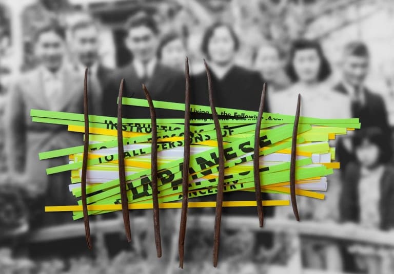 A blurry black and white photo of a Japanese family serves as a background on which strips of shredded documents in white, yellow and green spell out "Japanese". 