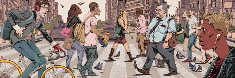 digital illustration of people crossing a busy city street