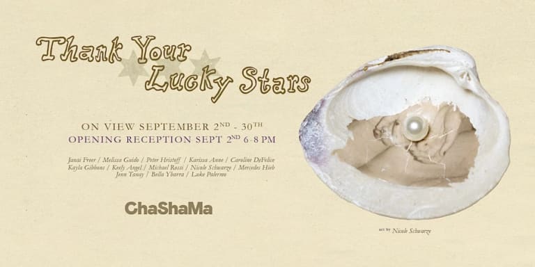 Exhibition invitation featuring a color photograph of a clam shell with another photo of hands holding a giant pearl inside alongside the exhibition information