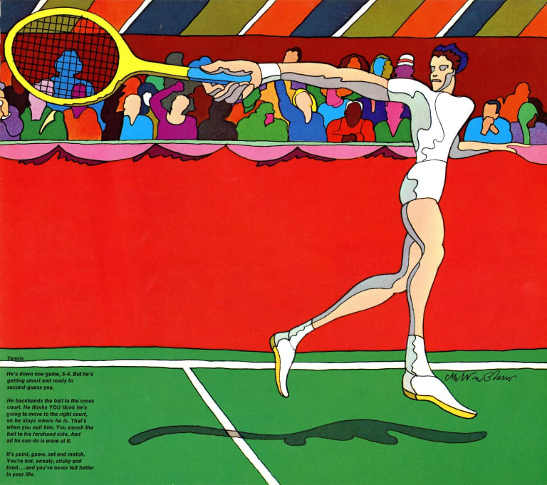 Illustration of a tennis player on the court swinging a yellow racquet while a crowd watches in the background.
