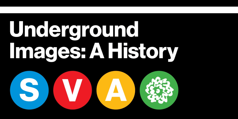 An image resembling the designs of an MTA subway notification that reads, "Underground Images: A History with a white "S" in a blue circle, a white "V" in a red circle, a white "A" in a yellow" circle and the white version of the SVA logo in a green circle.