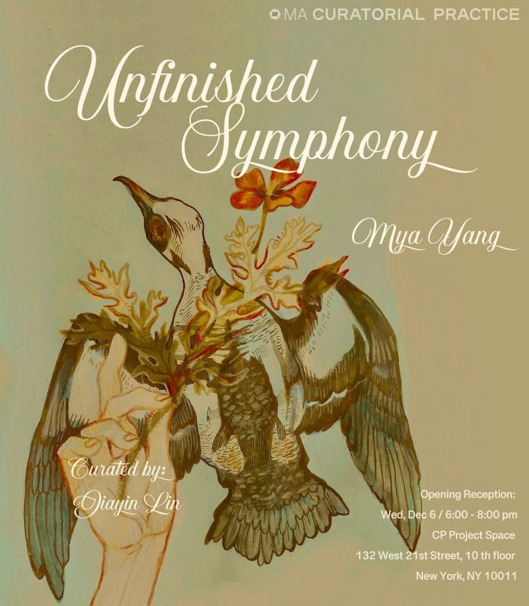 Drawing of a bird and flower with a hand with the words "Unfinished Symphony" over it in white script