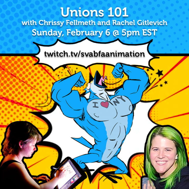 The title "Unions 101" is at the top with the event information. The Titmouse studio logo is bursting through the screen while flexing with a tattoo on its chest  that reads 'i love NY'. Below, a picture of Rachel Gitlevich and Chrissy Fellmeth are seen. 