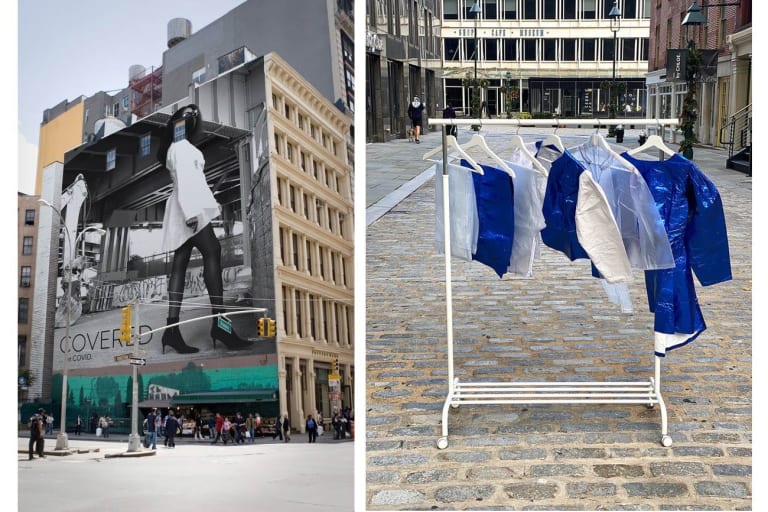 Two photos side by side. On the left is a Manhattan street scene with an ad covering the entire side of a building; on the right is a rack of blue and white clothes standing on a cobblestone street. 