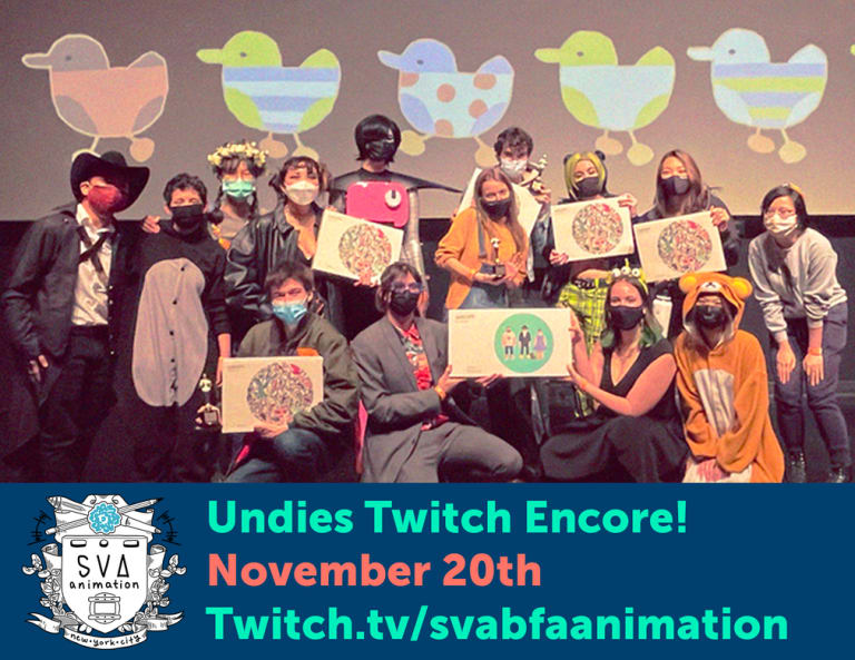 Undies Twitch Encore! November 20th text at bottom of screen with BFA Animation department coat of arms. Above text is a photo of all the 2021 Undies winners with BFA Animation staff. 