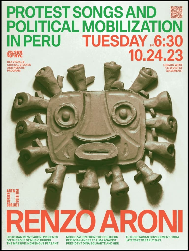 poster showing the event information in green and orange font arranged around an image of a rectangular face made in clay in a loosely Pre-Columbian style