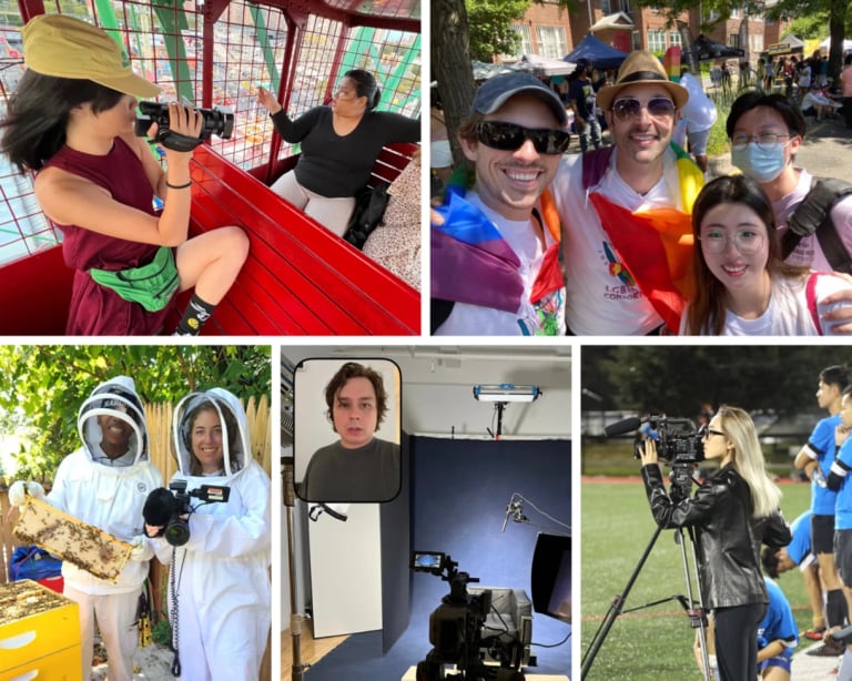 A collage of images from documentary films, including images of a beekeeper, a ride on Coney Island's Ferris Wheel and a Gay Pride parade. 