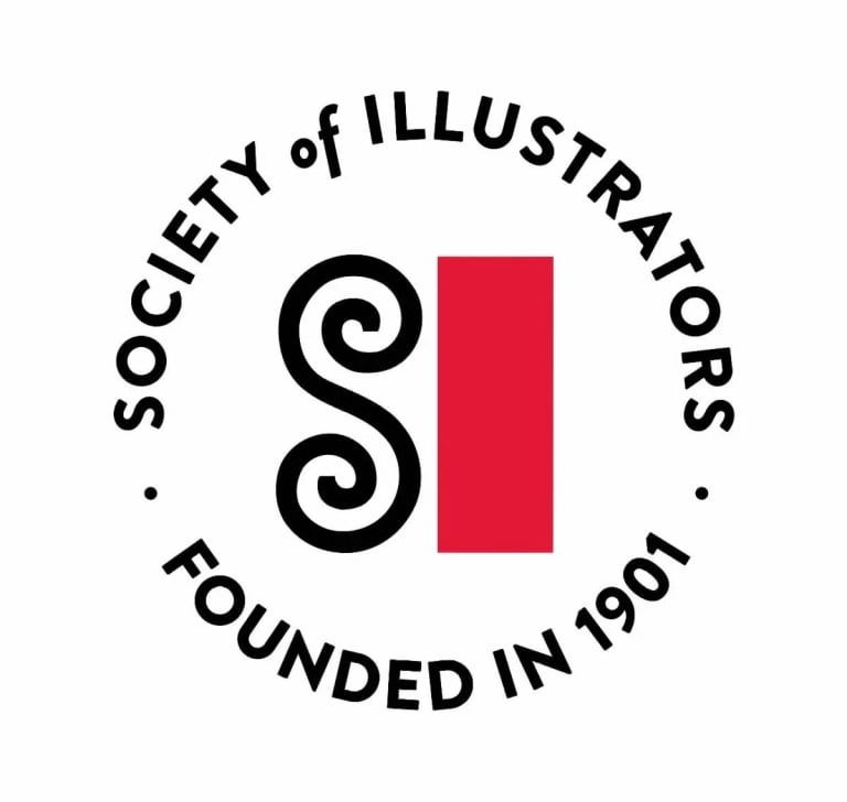 A black caligraphy-drawn "S" next to a red Square resembling an "I," the words "Society Of Illustrators," in black ink above, "Founded in 1901" below.